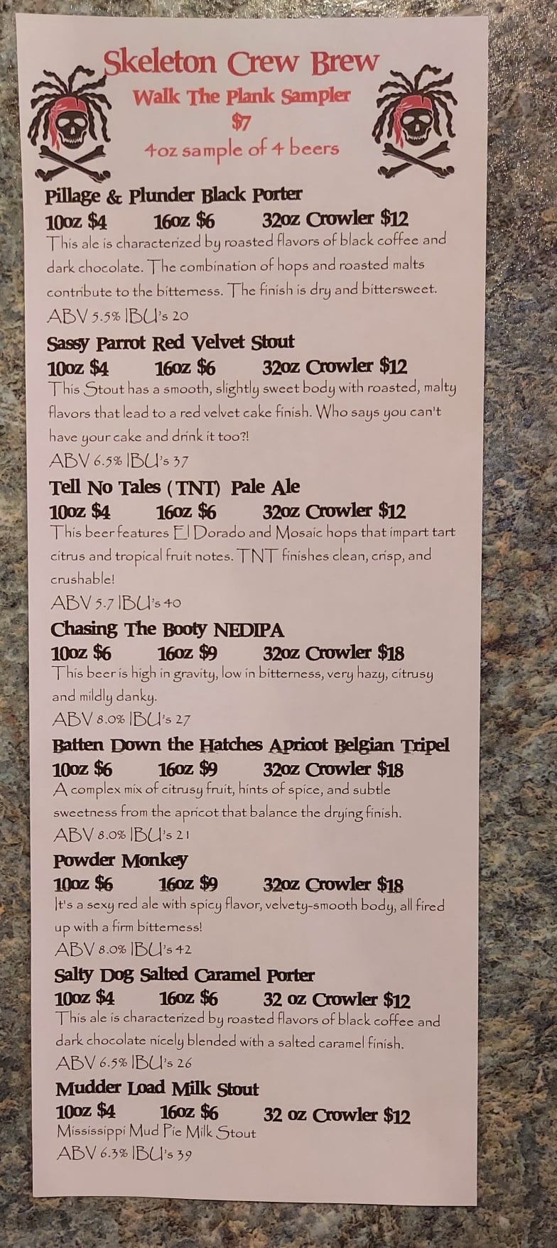 Skeleton Crew Brew Menu