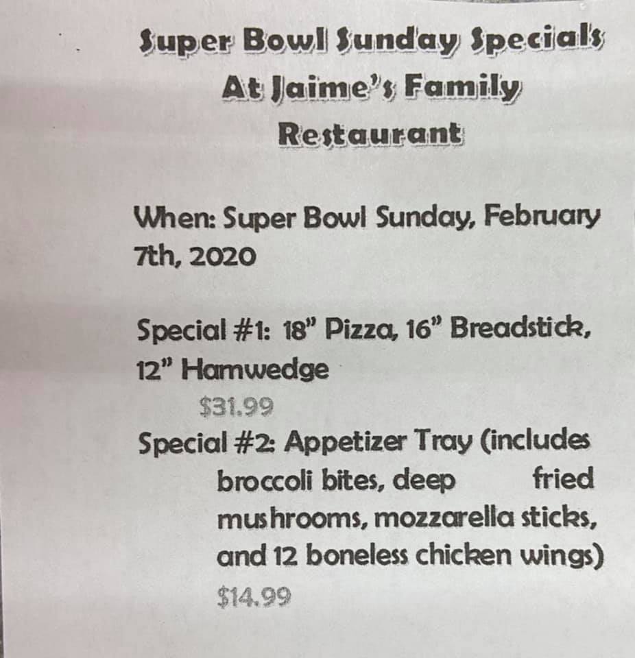 Jaime's Family Restaurants Menu